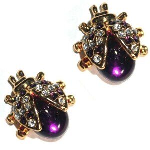 Carucci Swarovski Element Clear Crystal Gold Plated Ladybug Purple Stud Earrings